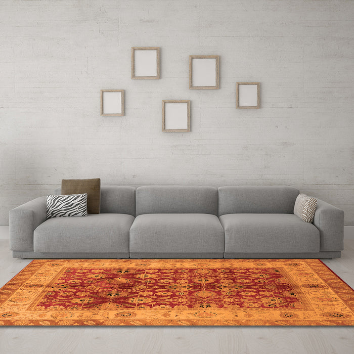 Machine Washable Oriental Orange Traditional Area Rugs in a Living Room, wshurb890org