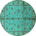 Round Machine Washable Oriental Turquoise Traditional Area Rugs, wshurb891turq