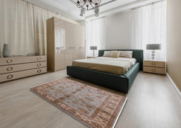 Mid-Century Modern Khaki Rose Pink Oriental Rug in a Bedroom, urb891