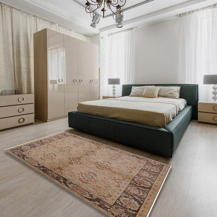 Mid-Century Modern Sienna Brown Oriental Rug in a Bedroom, urb892