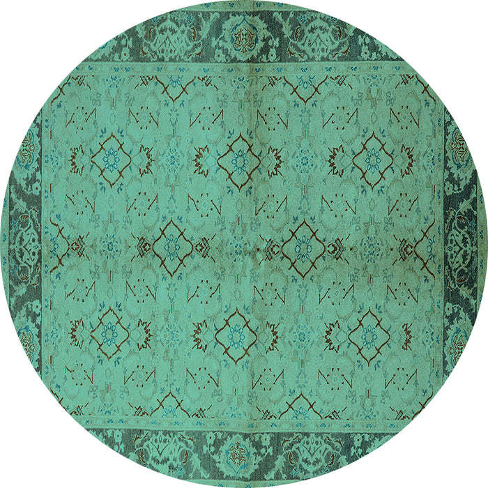 Round Machine Washable Oriental Turquoise Traditional Area Rugs, wshurb892turq