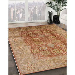 Mid-Century Modern Mahogany Brown Oriental Rug in Family Room, urb893