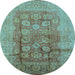 Round Machine Washable Oriental Light Blue Traditional Rug, wshurb893lblu