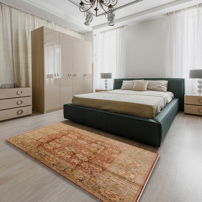 Mid-Century Modern Mahogany Brown Oriental Rug in a Bedroom, urb893