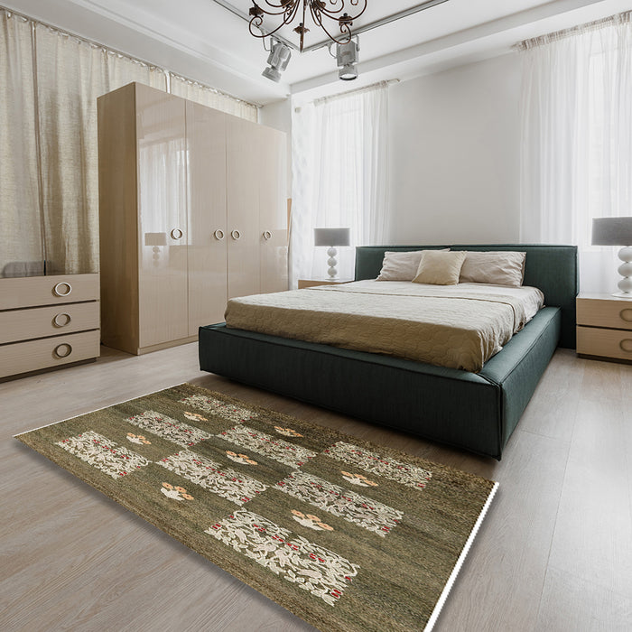 Mid-Century Modern Brown Oriental Rug in a Bedroom, urb894
