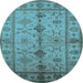 Round Machine Washable Oriental Light Blue Traditional Rug, wshurb895lblu