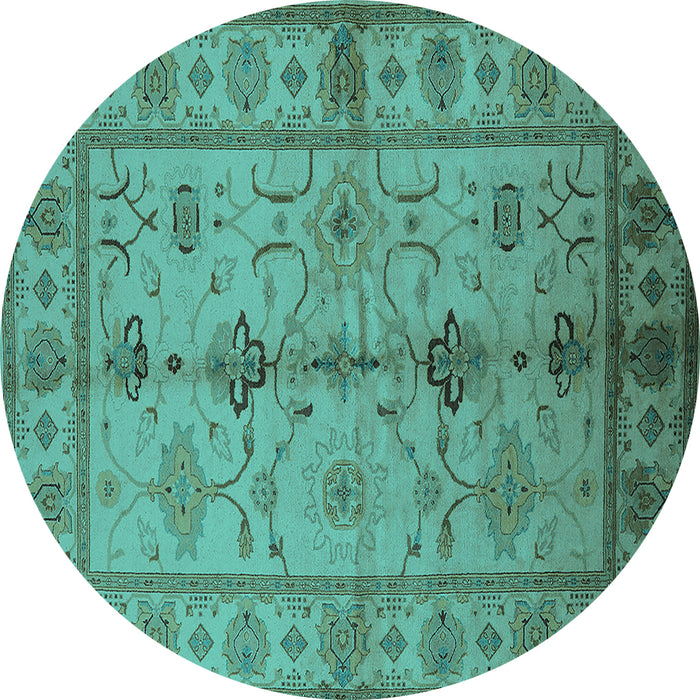 Round Machine Washable Oriental Turquoise Traditional Area Rugs, wshurb895turq