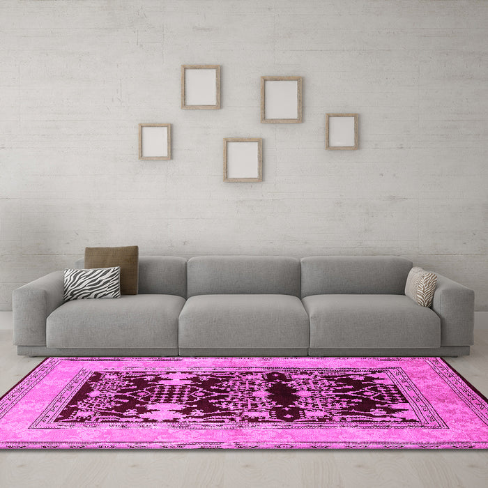 Machine Washable Oriental Pink Industrial Rug in a Living Room, wshurb897pnk