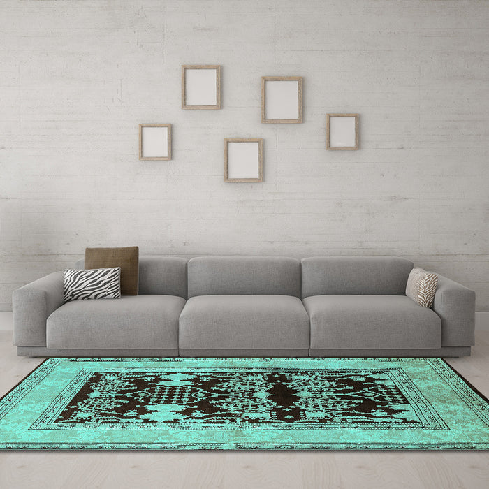 Machine Washable Oriental Turquoise Industrial Area Rugs in a Living Room,, wshurb897turq