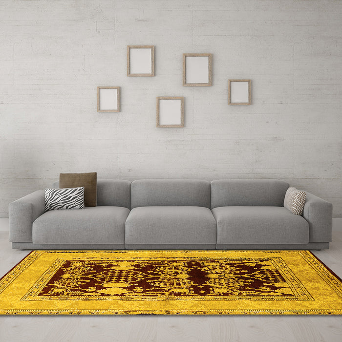 Machine Washable Oriental Yellow Industrial Rug in a Living Room, wshurb897yw