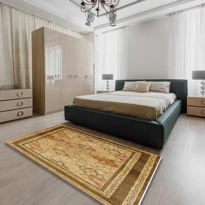 Mid-Century Modern Orange Oriental Rug in a Bedroom, urb898