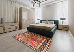 Mid-Century Modern Brown Sand Brown Oriental Rug in a Bedroom, urb899