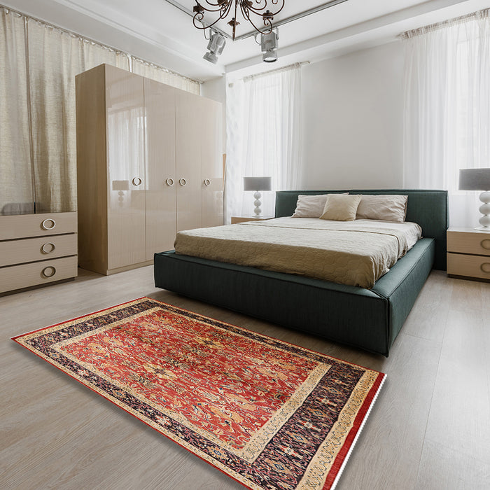 Mid-Century Modern Brown Sand Brown Oriental Rug in a Bedroom, urb899