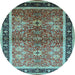 Round Machine Washable Oriental Light Blue Traditional Rug, wshurb899lblu