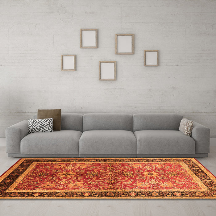 Machine Washable Oriental Orange Traditional Area Rugs in a Living Room, wshurb899org