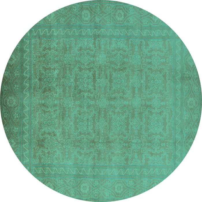 Round Machine Washable Oriental Turquoise Traditional Area Rugs, wshurb900turq