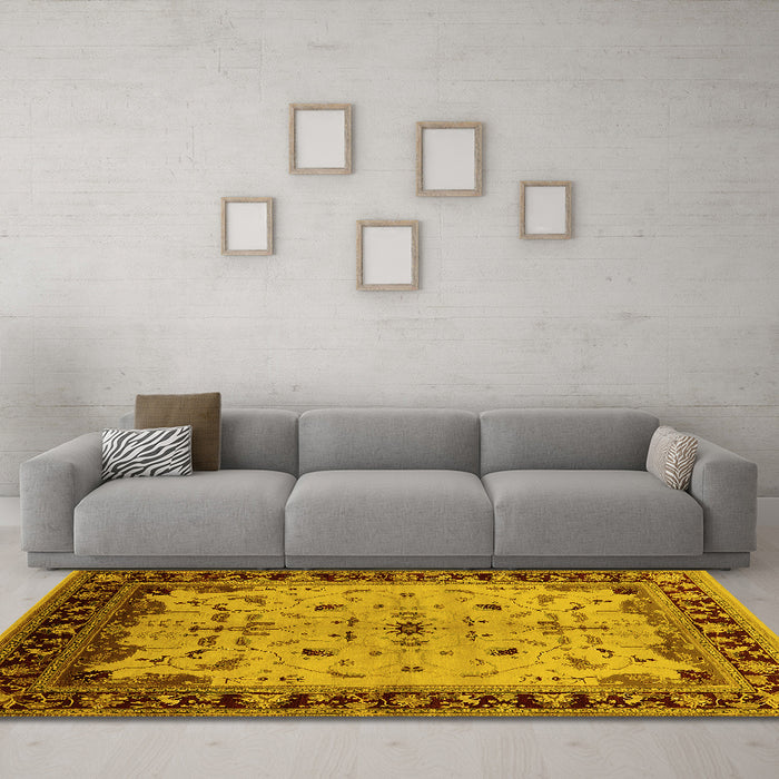 Machine Washable Oriental Yellow Traditional Rug in a Living Room, wshurb901yw