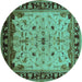 Round Machine Washable Oriental Turquoise Traditional Area Rugs, wshurb901turq