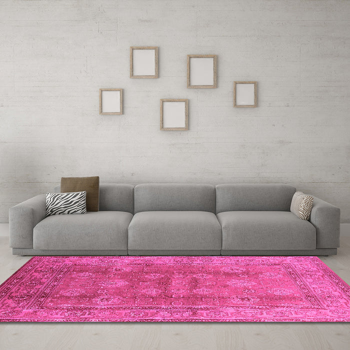 Machine Washable Oriental Pink Traditional Rug in a Living Room, wshurb902pnk