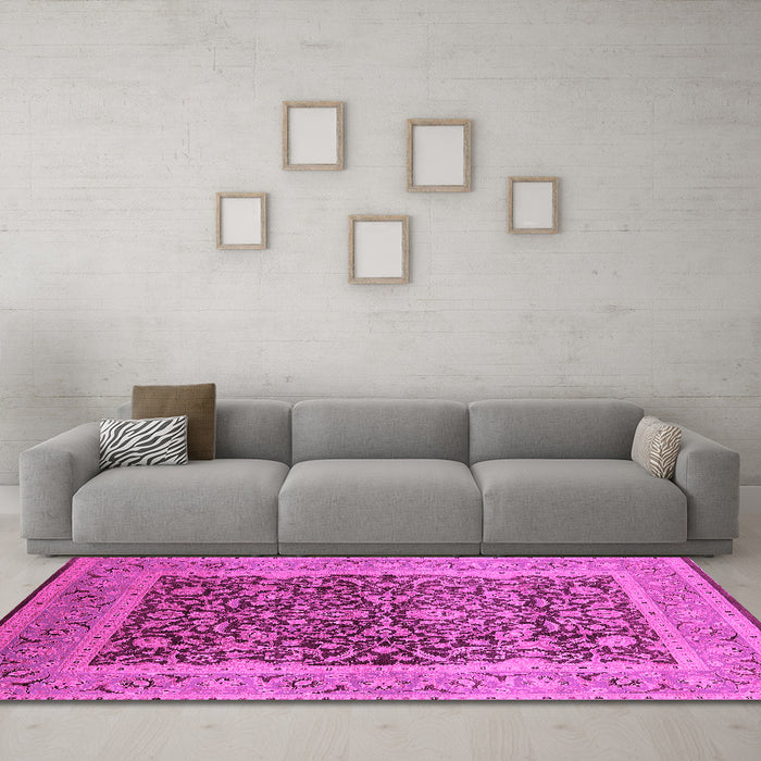 Machine Washable Oriental Pink Industrial Rug in a Living Room, wshurb903pnk