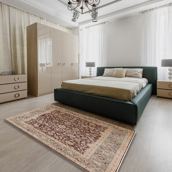 Mid-Century Modern Chestnut Brown Oriental Rug in a Bedroom, urb903