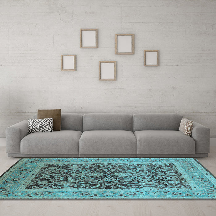 Machine Washable Oriental Light Blue Industrial Rug in a Living Room, wshurb903lblu