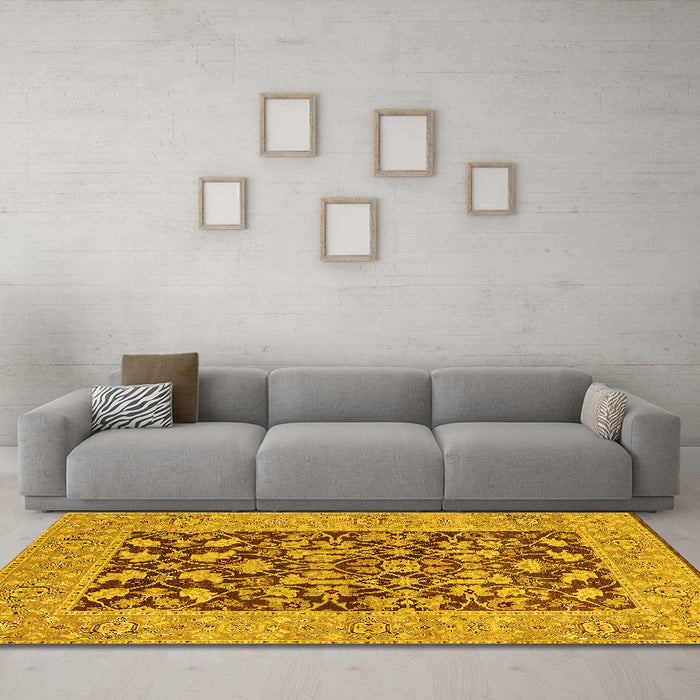 Machine Washable Oriental Yellow Traditional Rug in a Living Room, wshurb904yw