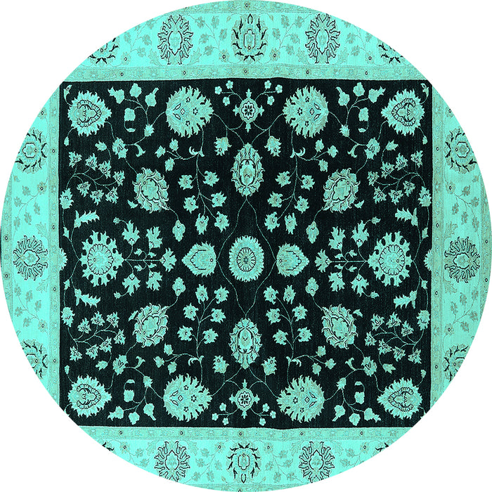 Round Machine Washable Oriental Turquoise Traditional Area Rugs, wshurb906turq