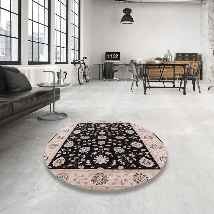 Round Mid-Century Modern Burgundy Brown Oriental Rug in a Office, urb906