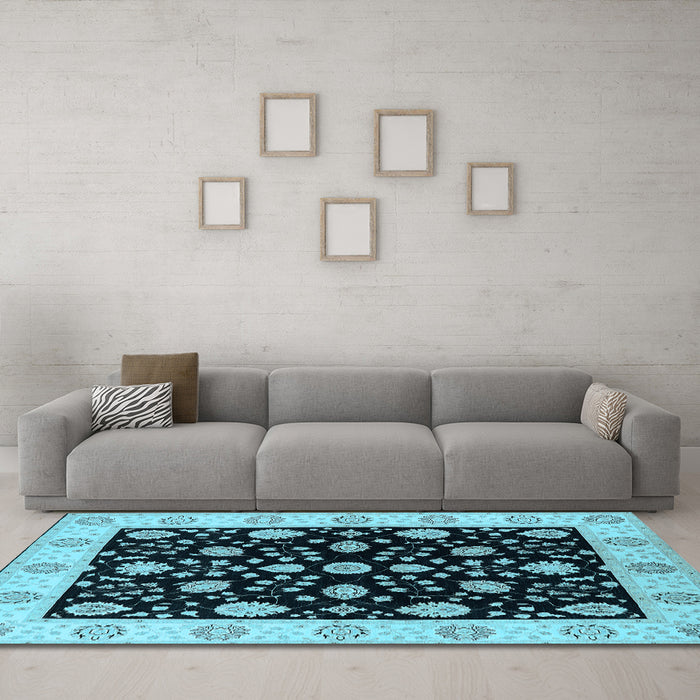 Machine Washable Oriental Light Blue Traditional Rug in a Living Room, wshurb906lblu