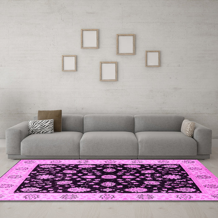 Machine Washable Oriental Pink Traditional Rug in a Living Room, wshurb906pnk