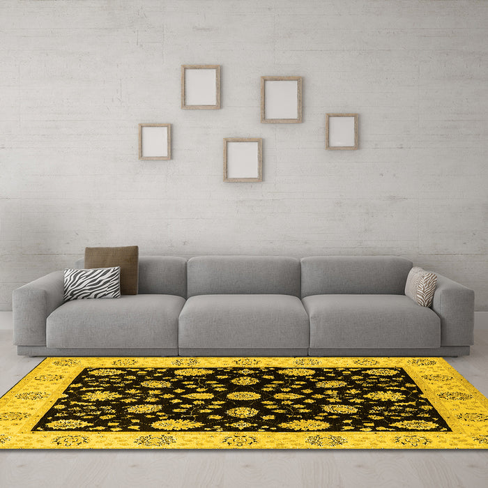 Machine Washable Oriental Yellow Traditional Rug in a Living Room, wshurb906yw
