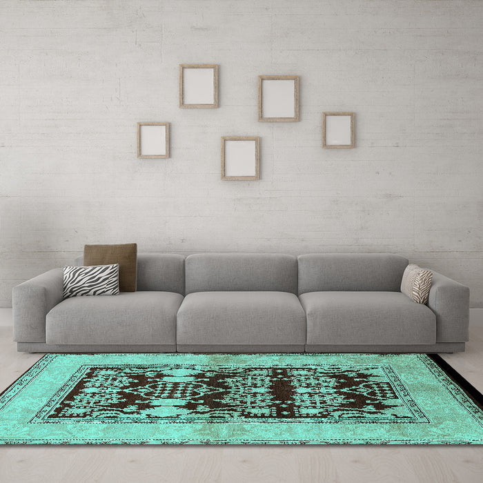 Machine Washable Oriental Turquoise Industrial Area Rugs in a Living Room,, wshurb907turq