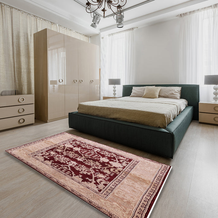 Mid-Century Modern Pastel Orange Oriental Rug in a Bedroom, urb907