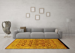 Machine Washable Oriental Yellow Traditional Rug in a Living Room, wshurb909yw