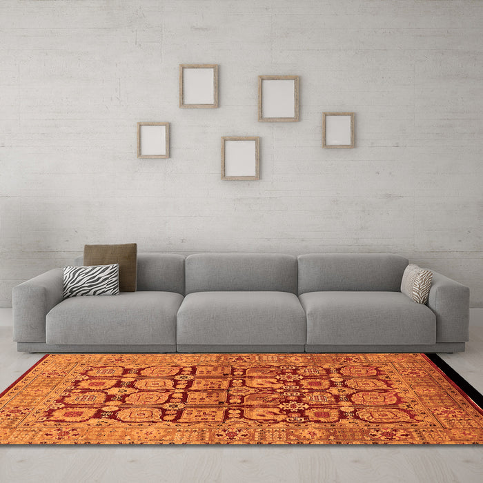 Machine Washable Oriental Orange Traditional Area Rugs in a Living Room, wshurb909org