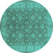 Round Machine Washable Oriental Turquoise Traditional Area Rugs, wshurb913turq