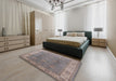 Mid-Century Modern Sandstone Brown Oriental Rug in a Bedroom, urb918