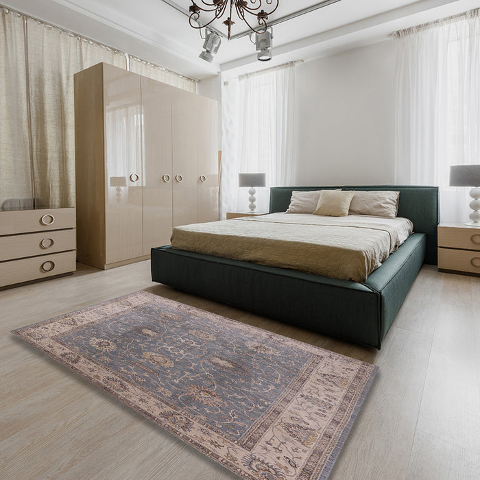 Mid-Century Modern Sandstone Brown Oriental Rug in a Bedroom, urb918