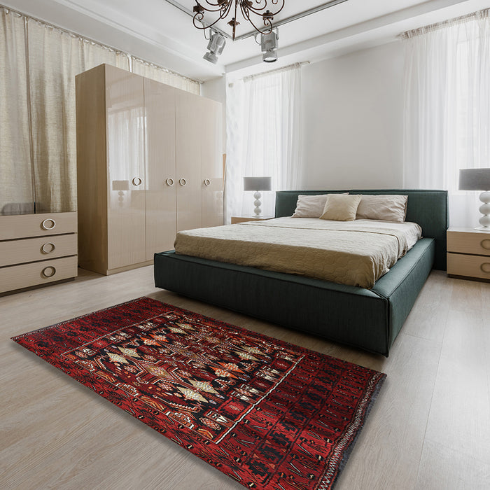 Mid-Century Modern Dark Brown Oriental Rug in a Bedroom, urb923