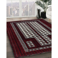 Mid-Century Modern Maroon Red Oriental Rug, urb924