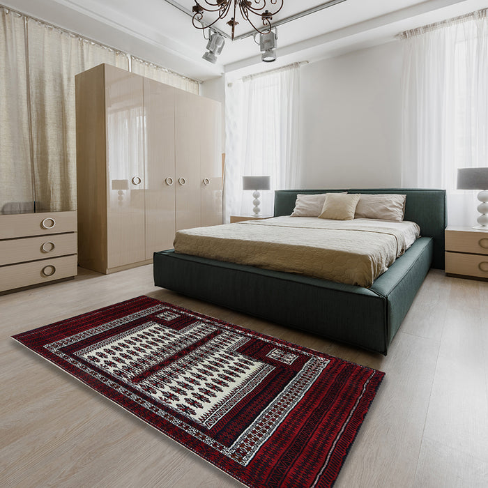 Mid-Century Modern Maroon Red Oriental Rug in a Bedroom, urb924