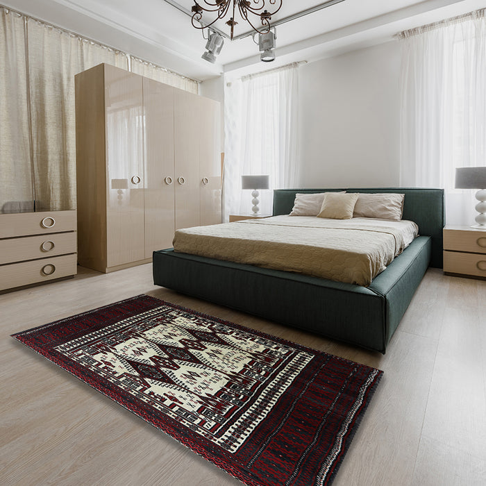 Mid-Century Modern Chocolate Brown Oriental Rug in a Bedroom, urb925
