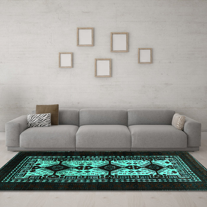 Machine Washable Oriental Turquoise Industrial Area Rugs in a Living Room,, wshurb925turq