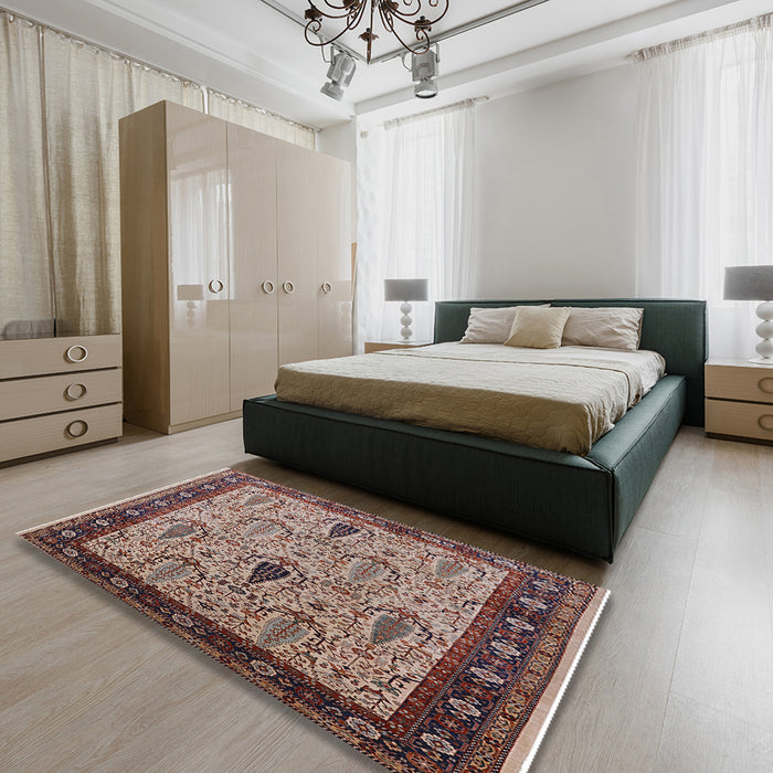 Mid-Century Modern Light French Beige Brown Oriental Rug in a Bedroom, urb927