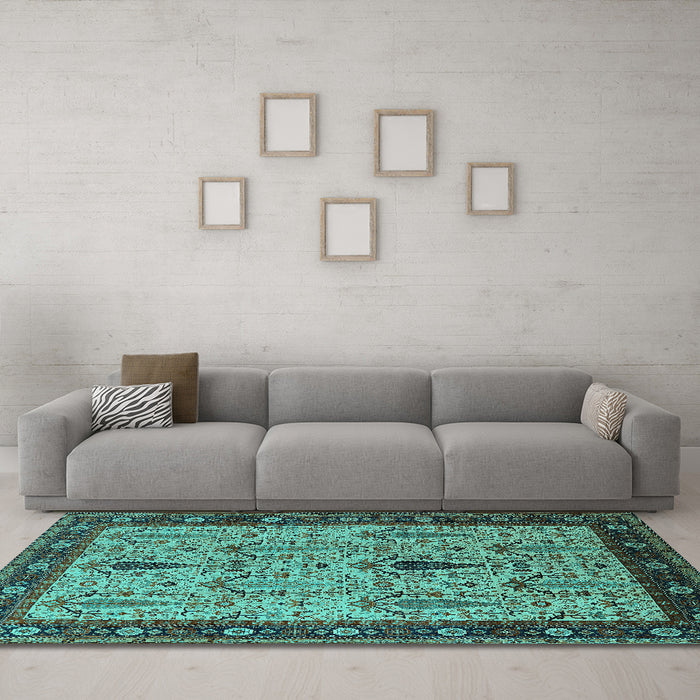Machine Washable Oriental Turquoise Industrial Area Rugs in a Living Room,, wshurb927turq