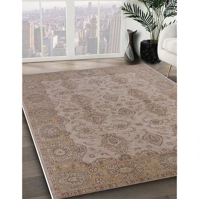 Mid-Century Modern Dark Almond Brown Oriental Rug in Family Room, urb929