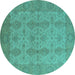 Round Machine Washable Oriental Turquoise Traditional Area Rugs, wshurb929turq