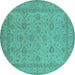 Round Machine Washable Oriental Turquoise Traditional Area Rugs, wshurb930turq