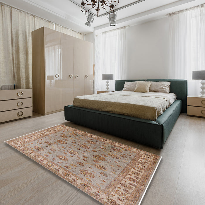 Mid-Century Modern Gold Brown Oriental Rug in a Bedroom, urb931